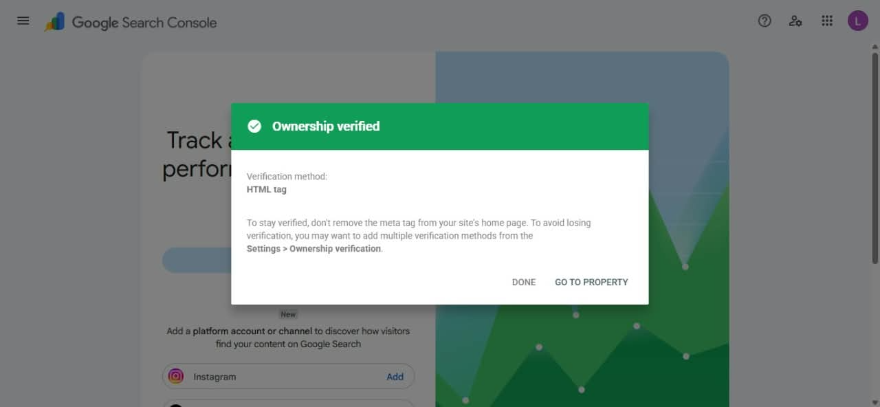Search Console ownership verified using the HTML tag method.