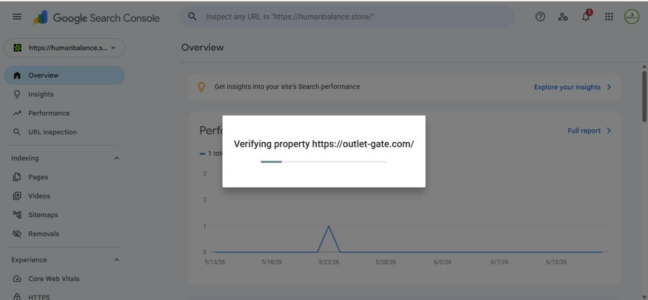 Search Console property verification in progress for an additional store domain.