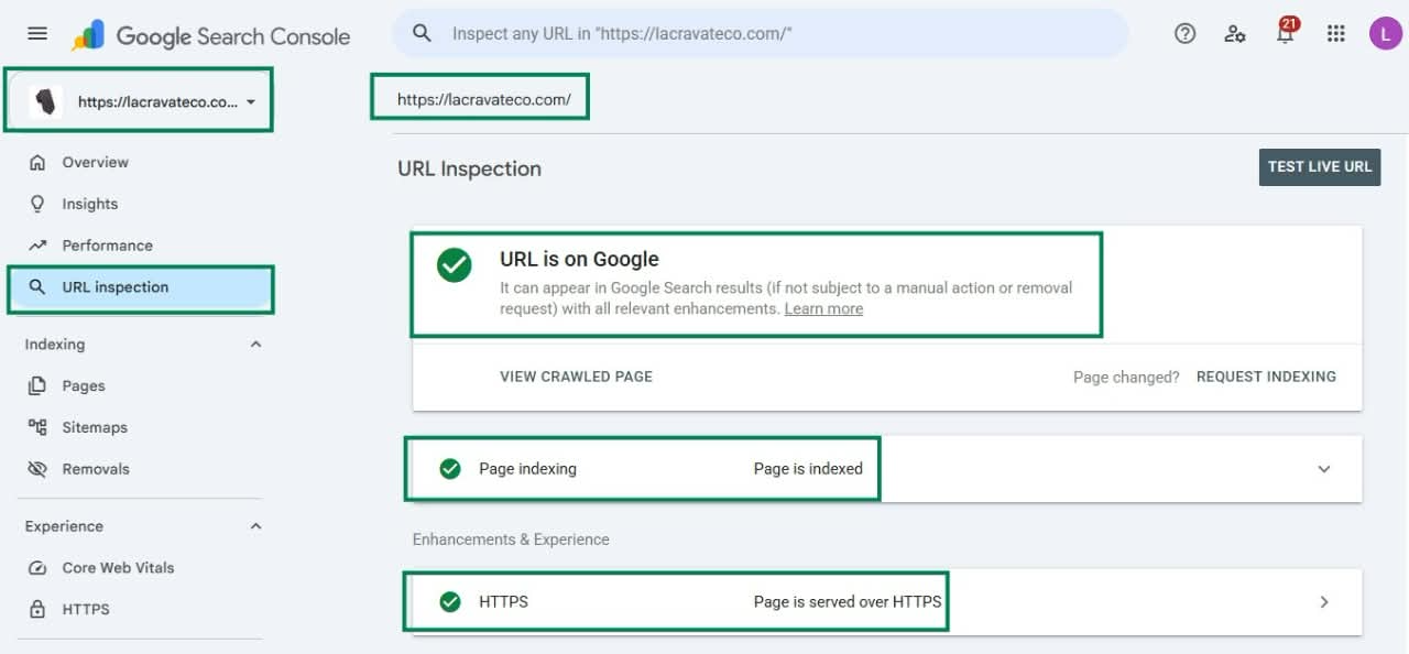 Search Console URL inspection for lacravateco.com: URL is on Google, page is indexed, served over HTTPS.