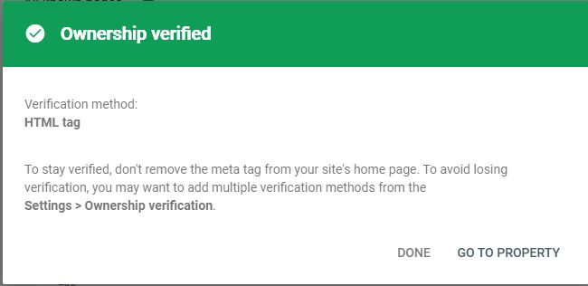 Second Search Console property verified using the HTML tag method.