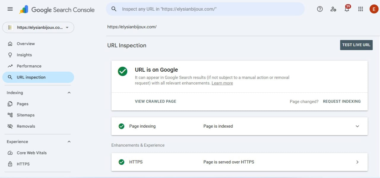 Search Console URL inspection for elysianbijoux.com: URL is on Google, page is indexed, served over HTTPS.