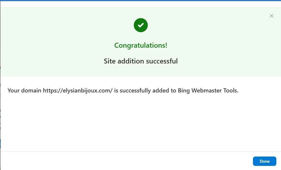 elysianbijoux.com successfully added to Bing Webmaster Tools.